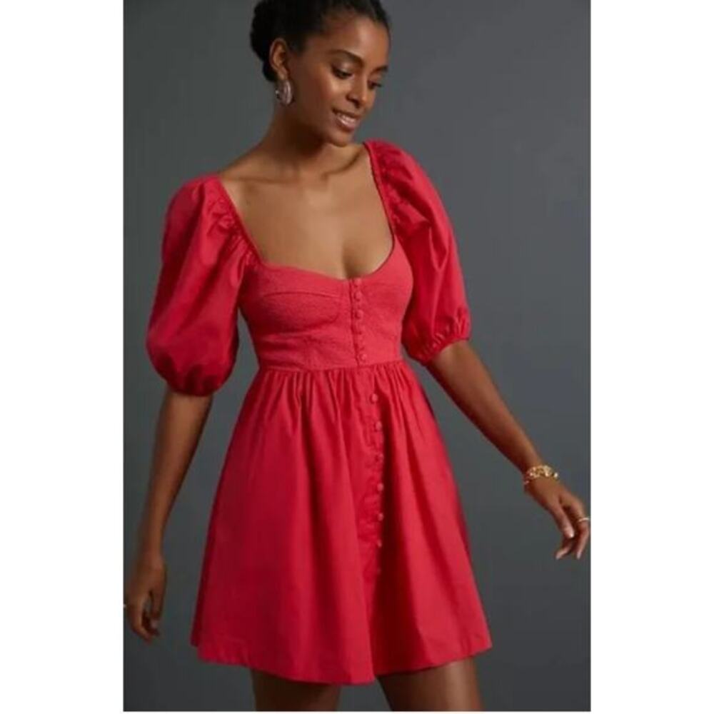 Anthropologie M red puff sleeve mini dress